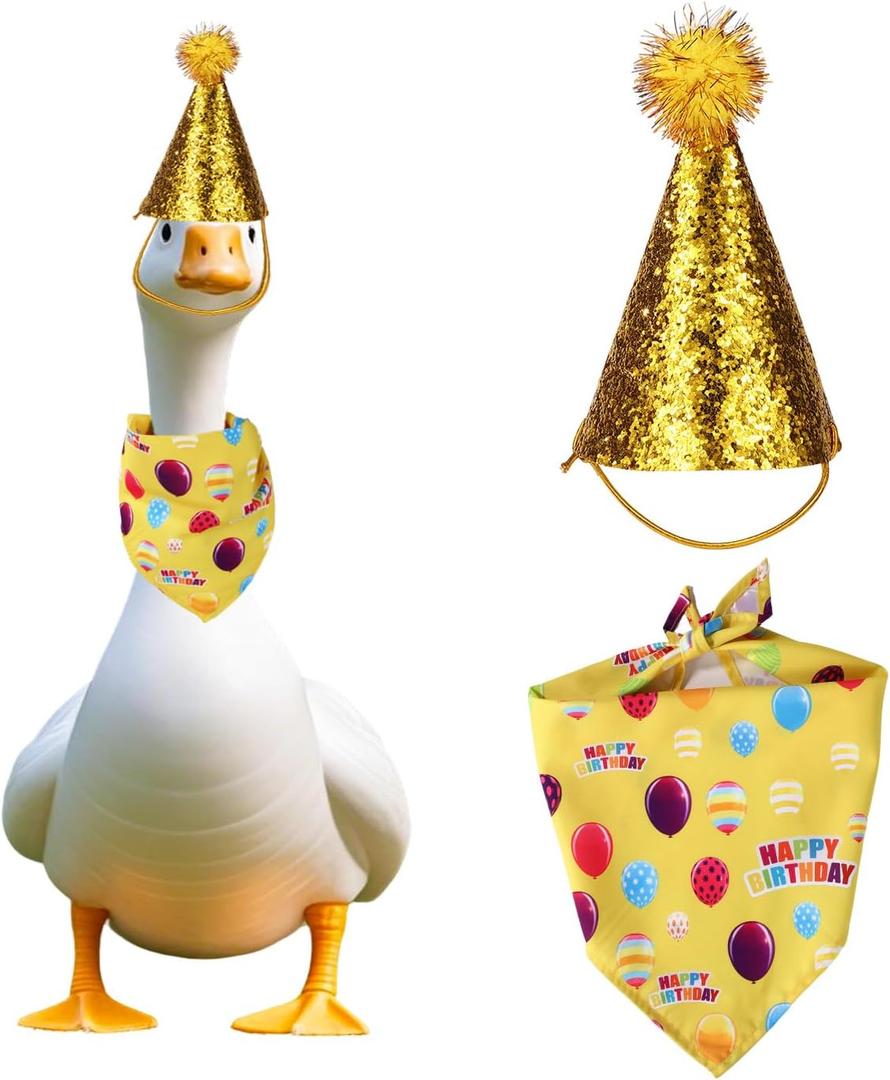 3 x Happy Birthday Porch Goose Outfit, Glitter Hat and Triangular Bandana Set for 23"/ 17'' Goose Costume Clothes for Outdoor Yard Garden Lawn Statues Art Decoration (Yellow)
