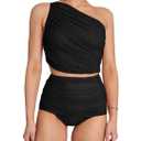 Leoparts Women's One Shoulder Two Piece Bikini Swimsuits Ruched Mesh High Waisted Wrap Skirt Bathing Suit Size L