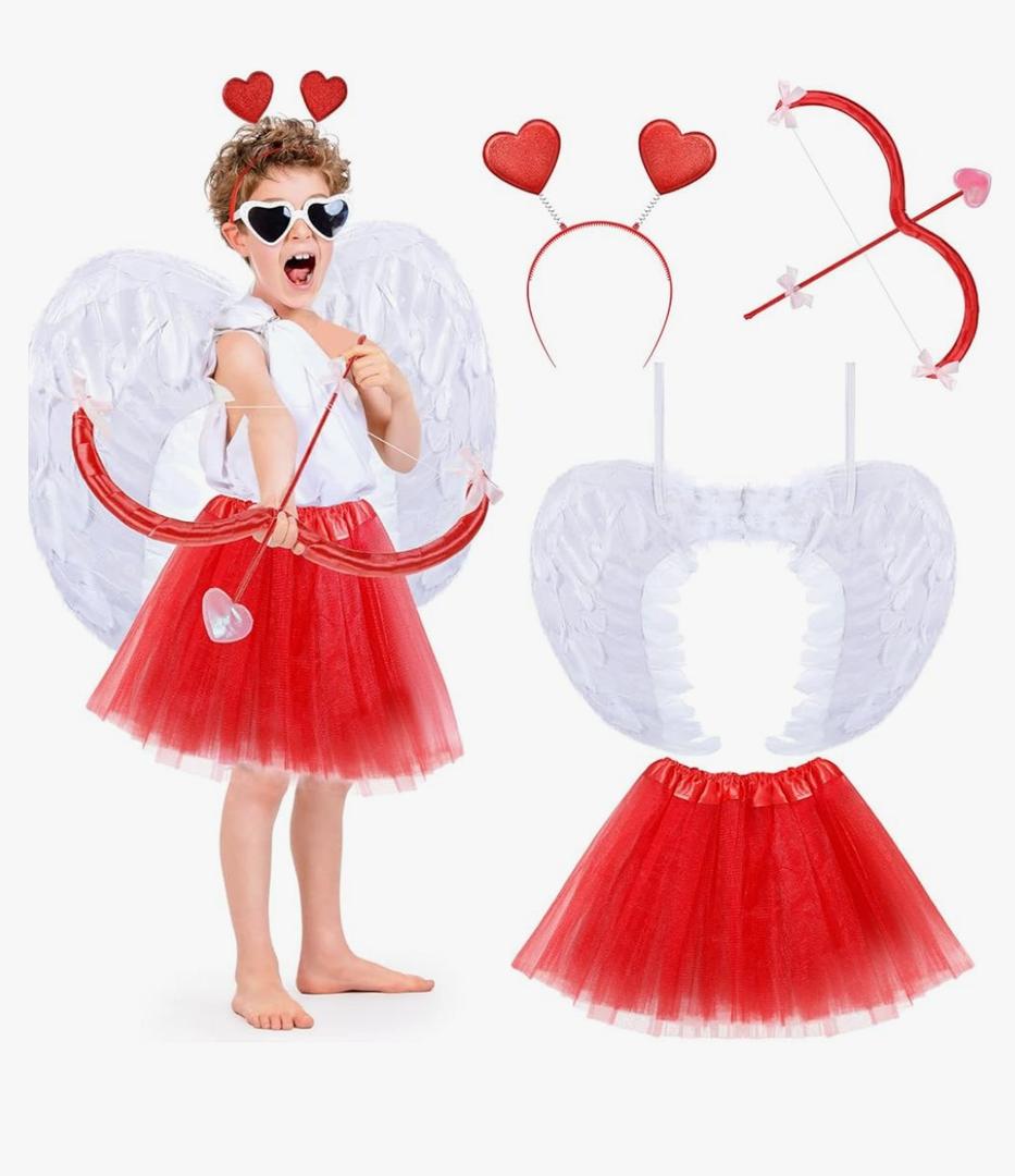 Seematn Cupid Costume Valentine's Day Accessory Kit Kids Bow and Arrow Headbands Angel Feather White Wings for Boy Girl 3+