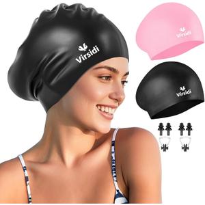 2 Pack Large Swim Caps for Long Hair, Silicone Swimming Cap for Adult Women Men, Waterproof Swim Hats Bathing Caps to Keep Hair Dry with Bonus Nose Clip and Earplugs (Black&Pink)