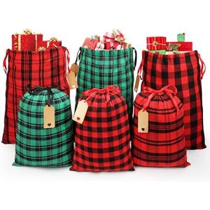 JOINDO 6 pcs Cloth Christmas Gift Bags, Buffalo Plaid Pattern, 2 Medium Size (15 x 20 & 12 x 15), Drawstring Design, 100% Cotton