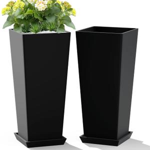 TUYOHW Set of 2 Large Tall Planter for Indoor or Outdoor 24" Flower Pots Tapered Tall Planters with Tray for Porch, Patio, Backyard, Large Planters for Outdoor Indoor Plants(Black) (Square Classic Black)