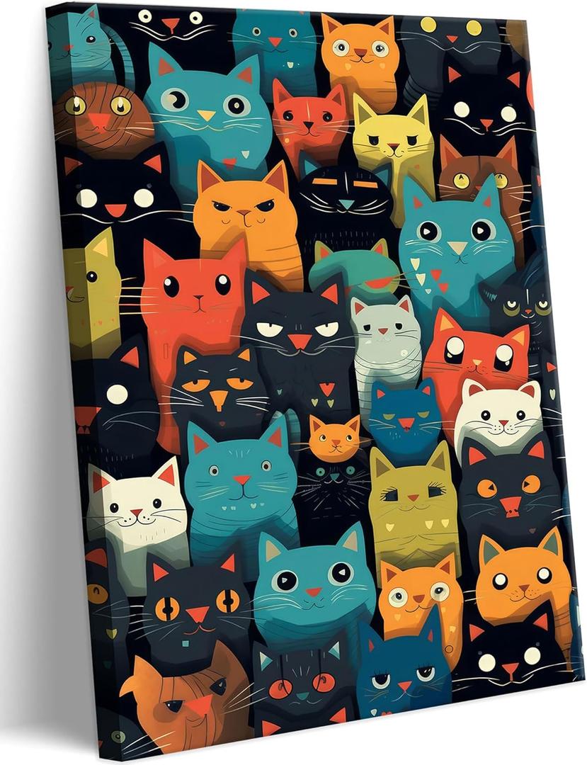 Cute Cat Canvas Wall Art Colorful Cartoon Cat Paintings Wall Decor Pictures Fun Animal Prints Posters for Children's Room Nursery Bathroom Dining Room Bedroom Artwork Home Decoration (16x24in-canvas, Funny cat)
