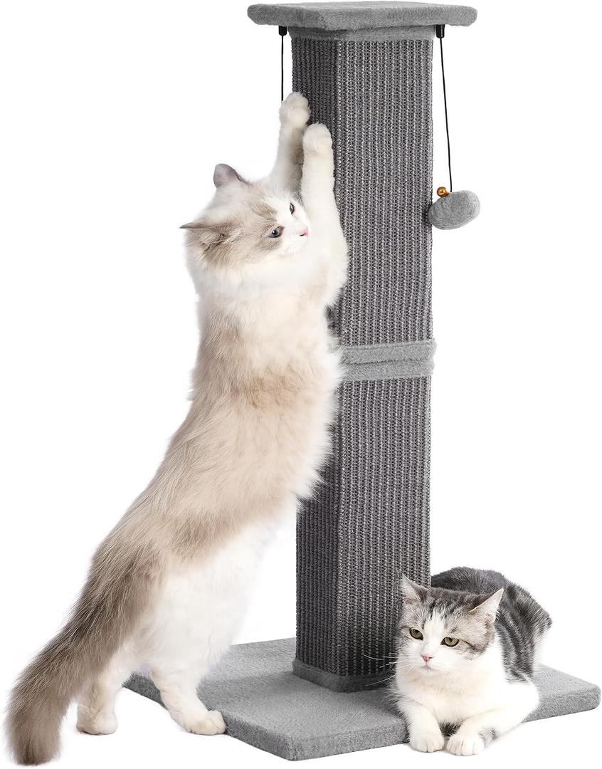 Large Cat Scratching Post with Heavy Duty Base 33" Sturdy Tall Sisal Scracher Post and 2 Interactive Hanging Balls for Big Cats-Grey