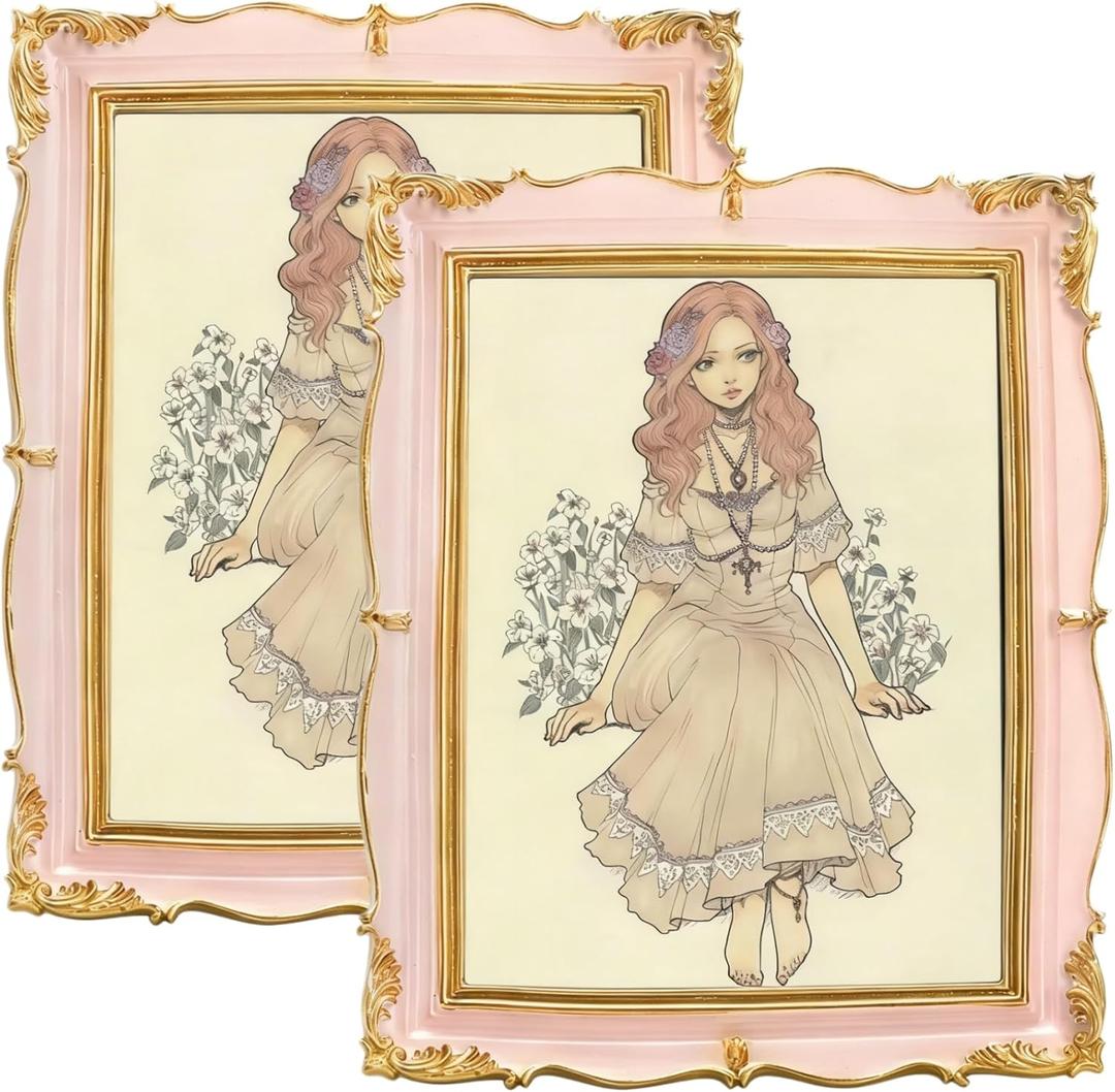 Covzoe 2 Pack Vintage Photo Frames 6x8, Antique Picture Frames with Golden Trim, Display Pictures Pink for Wall or Tabletop, Horizontal or Vertical