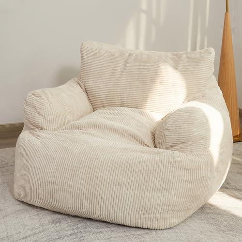 HIGOGOGO Giant Bean Bag Chair Sofa, Big Comfy Chair for Bedroom Living Room, Bean Bag Lazy Chair for Adults with Pocket Armrests for Gaming, Reading, Beige