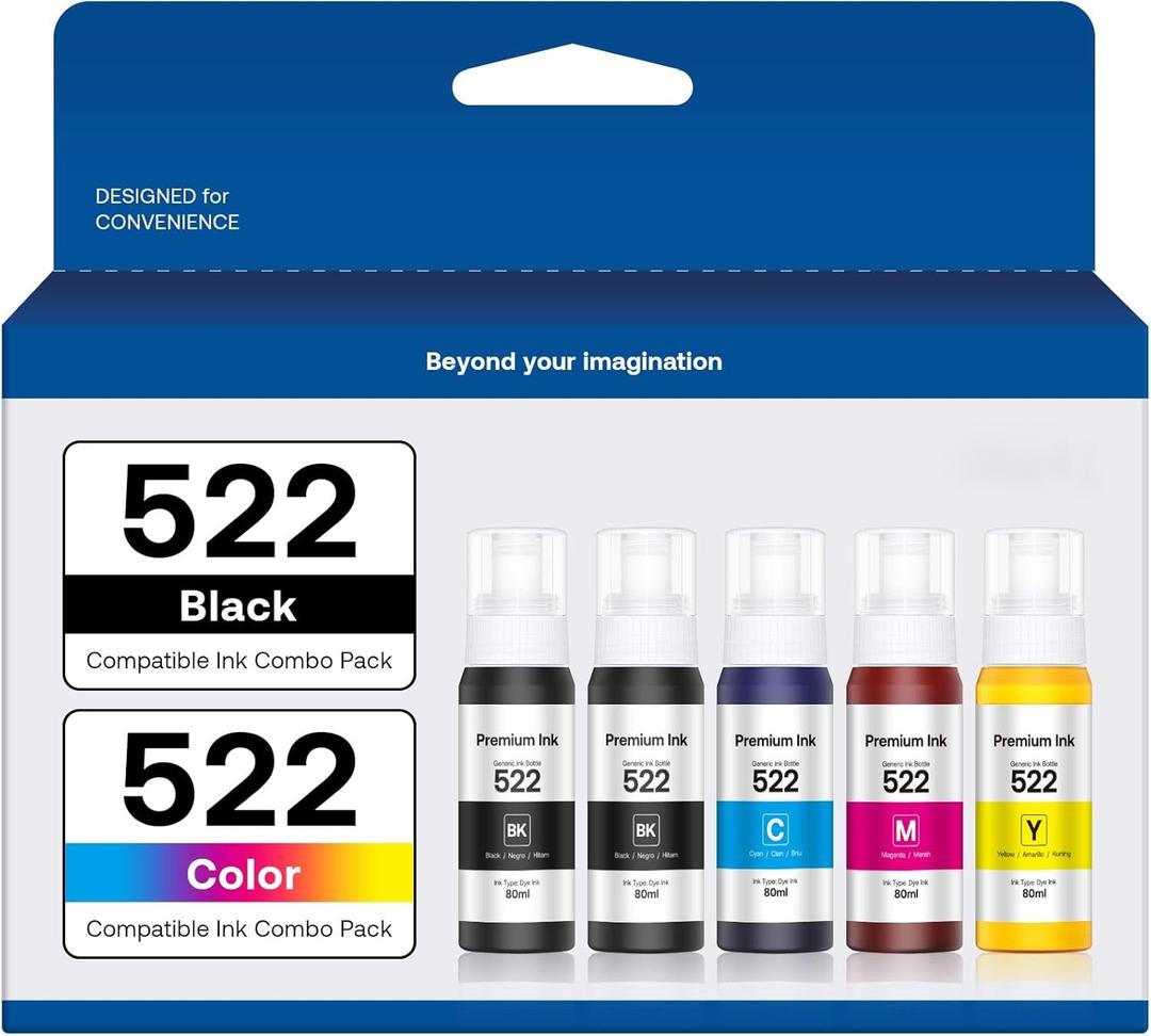 522 High Capacity (5 Bottles) Refill Ink Replacement for Epson Compatible 522 (Not Sublimation) Use for EcoTank ET-2803 ET-2800 ET-2720 ET-4800 Printer