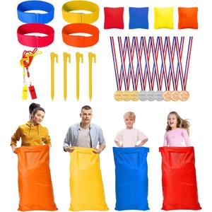 31pcs Potato Sack Race Bags Set, with 3-Legged Race Bands Bean Bags Medals Whistles, Tent Nails for Family Gatherings, Birthday Parties, School Outside Sports Games