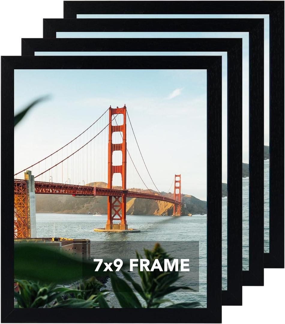 OMISHE 4 Pack 7x9 Picture Frame Black for Wall Hanging or Tabletop, 7 x 9 Frame Composite Wood Wall Gallery Photo Frame, Black