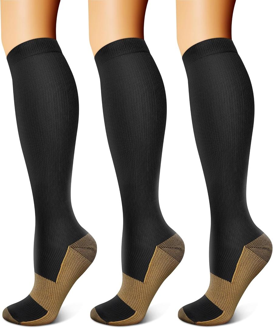 FEYHAY Copper Compression Socks (3 Pairs) 15-20 mmHg Circulation is Best Athletic & Daily for Men & Women, Running, Climbing (Small-Medium, 01 Copper Black)