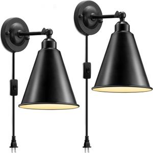 Plug in Wall Sconce, Metal Black Wall Sconce, Swing Arm Industrial Vintage Wall Lamp Fixture, Plug in Wall Light with On Off Switch E26 Base for Restaurants Headboard Bedroom Porch-2 Pack