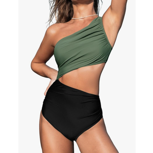 CUPSHE Women's One Piece Swimsuit One Shoulder Color Block Side Cutout Ruched Bathing Suit, Size S