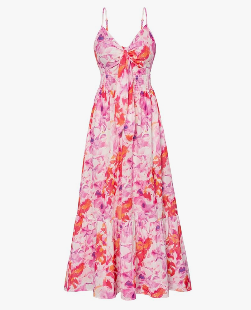 GRACE KARIN Women's 2025 Summer Maxi Dress Floral Tie Front Spaghetti Strap Casual Boho Beach Flowy Sundress with Pockets, Size Larg