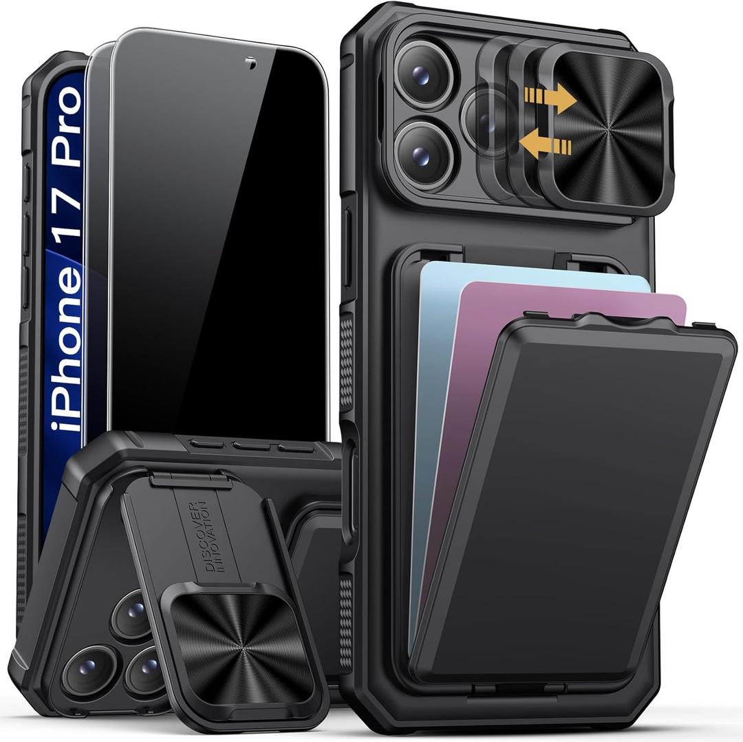 SSLOTSCASE for iPhone 17 Pro Case with 2X Privacy Screen Protector, Card Holder & Kickstand & Slide Camera Lens Cover & Camera Stand & Wallet, Military-Grade Phone Case Cover for iPhone 17 Pro, Black