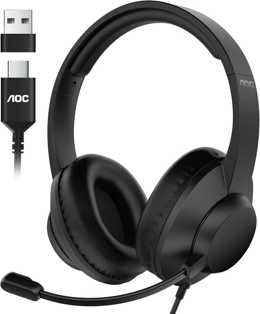 AOC USB Headset with Microphone for PC, Over-Ear Wired Headphones with Mic, Noise-Cancelling Boom, 40mm Audio Drivers, USB-A/C Compatibility for Office, Call Centers & Online Meetings (Black)