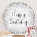 Happy Birthday Round Backdrop Cover Silver Glitters Decor Luxury Photography Backdrop for Children Adults Party Decor 7.2x7.2ft Photo Studio Booth Backgrounds