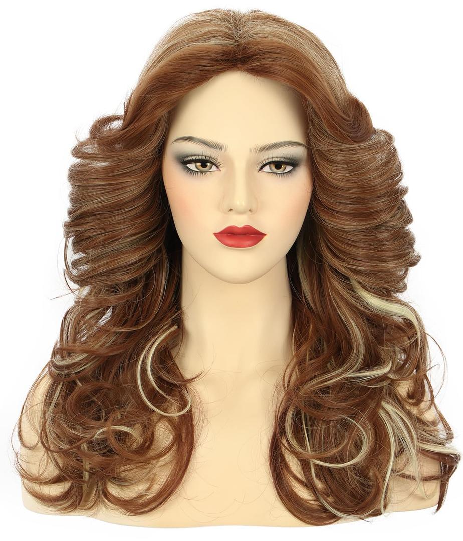 karlery Women 70s Feathered Wig Long Brown Wave Disco Wig Singer Highlight Dyed Vintage Costume for Party Fashion Accessory