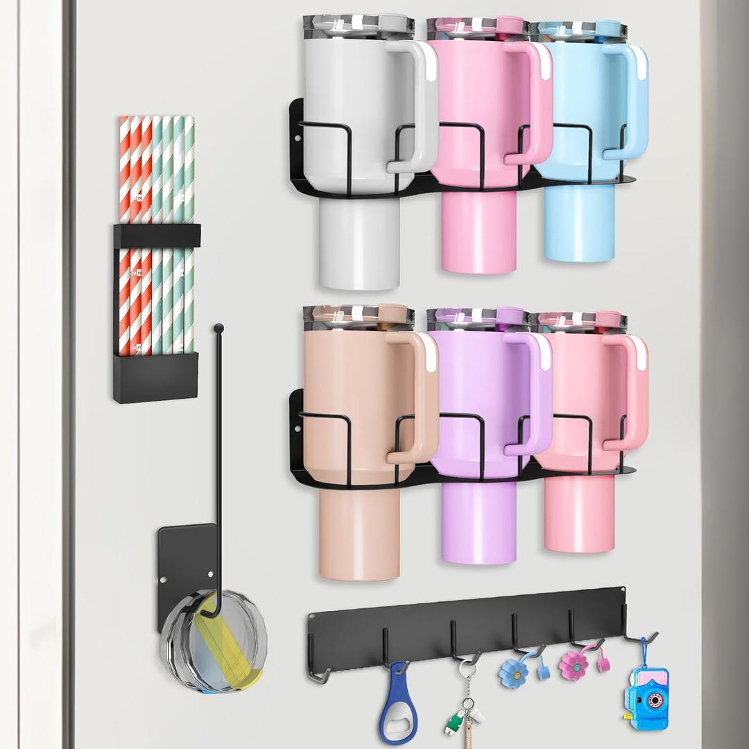 Magnetic Cup Holder for Fridge, 5 Pieces Water Bottle Organizer for Stanley & Most Tumblers, Space Saving Cup Holder Modular Kit with 1 Lid Organizer,1 Straw Holder & 6 Hooks, Stanley Cup Accessories