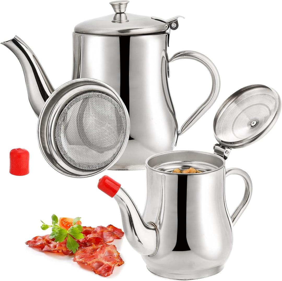 ZOOFOX 2 Pack Bacon Grease Container with Mesh Strainer, 27oz 22oz Stainless Steel Oil Storage Pot for Storing Frying Oil and Cooking Grease