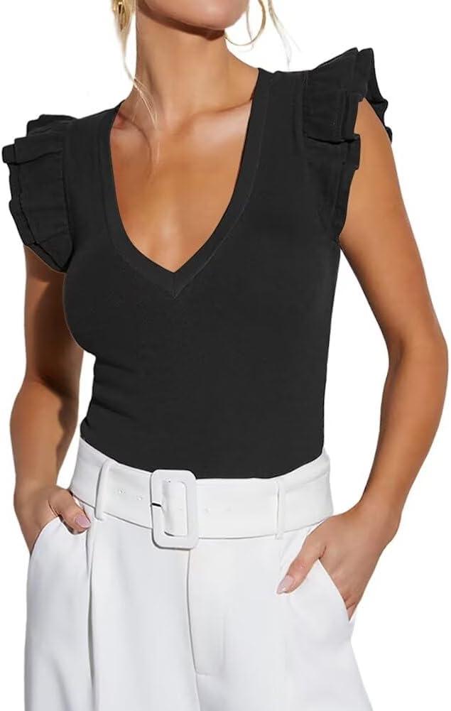 Ezbelle Women's Summer Sleeveless Tops V Neck Ruffle Shirts Ribbed Knit Tank Top Sexy Blouse Ladies Clothes 2026 (Ablack) XL
