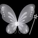 Sratte Fairy Princess Butterfly Wings Girls Kids Butterfly Costumes Set Star Wands Adults Christmas Birthday Party (White, Silver)