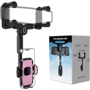 Phone Mount for Car, Rear View Mirror Phone Holder, Rotatable and Retractable Car Phone Holder Mount Rearview Mirror Phone Holder for Car Compatible with iPhone Samsung Cell Phones (Pink)