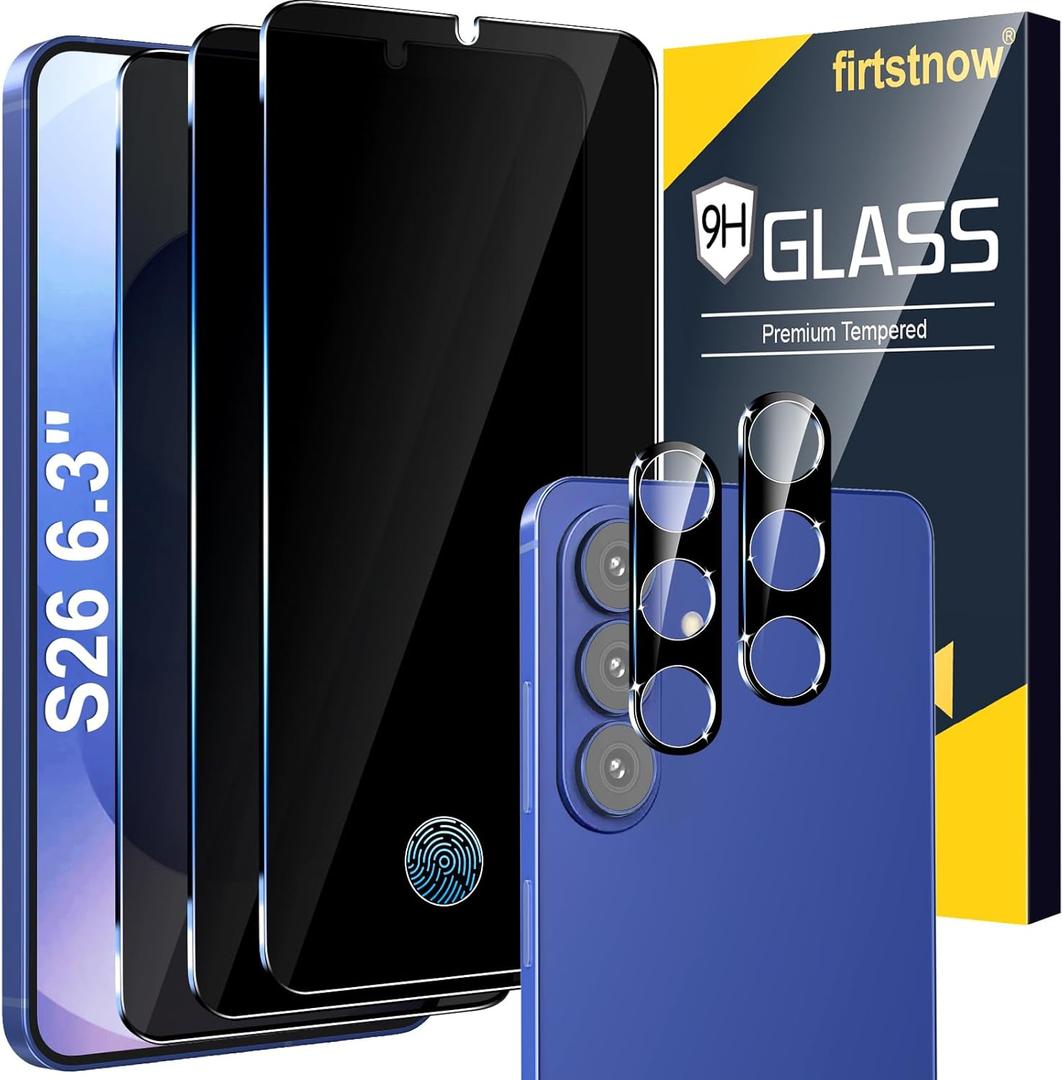 firtstnow 3 Pack Privacy Screen Protector for Samsung Galaxy S26 Tempered Glass + 2 Pack Camera Lens Protector, True 25Anti Spy, 9H+ Hardness, Fingerprint Unlock, Case Friendly Bubble-Free 6.3 Inch