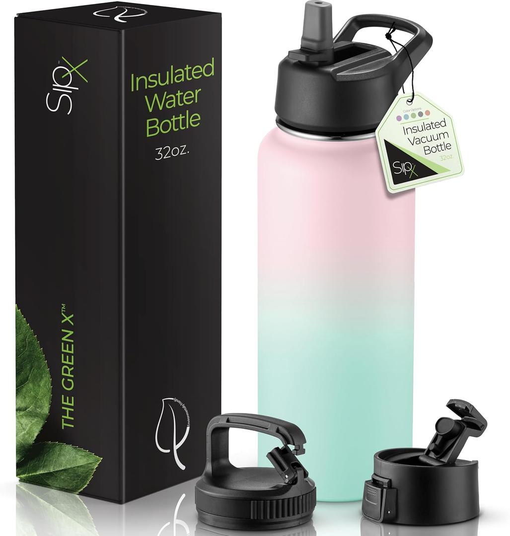 SipX 32 oz Insulated Water Bottle with 3 Lids Leakproof Stainless Steel, Triple Insulated Cold 24 Hours/Hot 12 Hours Durable Bottle for School, Gym, Travel Gradient Mint Pink