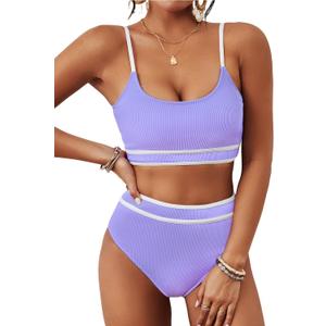 BMJL Women's High Waisted Bikini Ribbed Two Piece Swimsuit High Cut Color Block Adjustable Straps Bathing Suit (S Light Purple029)