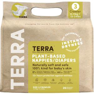 Terra Diapers Size 3: 85% Plant-Based Diapers, Ultra-Soft & Chemical-Free for Sensitive Skin, Superior Absorbency for Day or Nighttime Diapers, Designed for Babies 13-24 Pounds, 20 Count