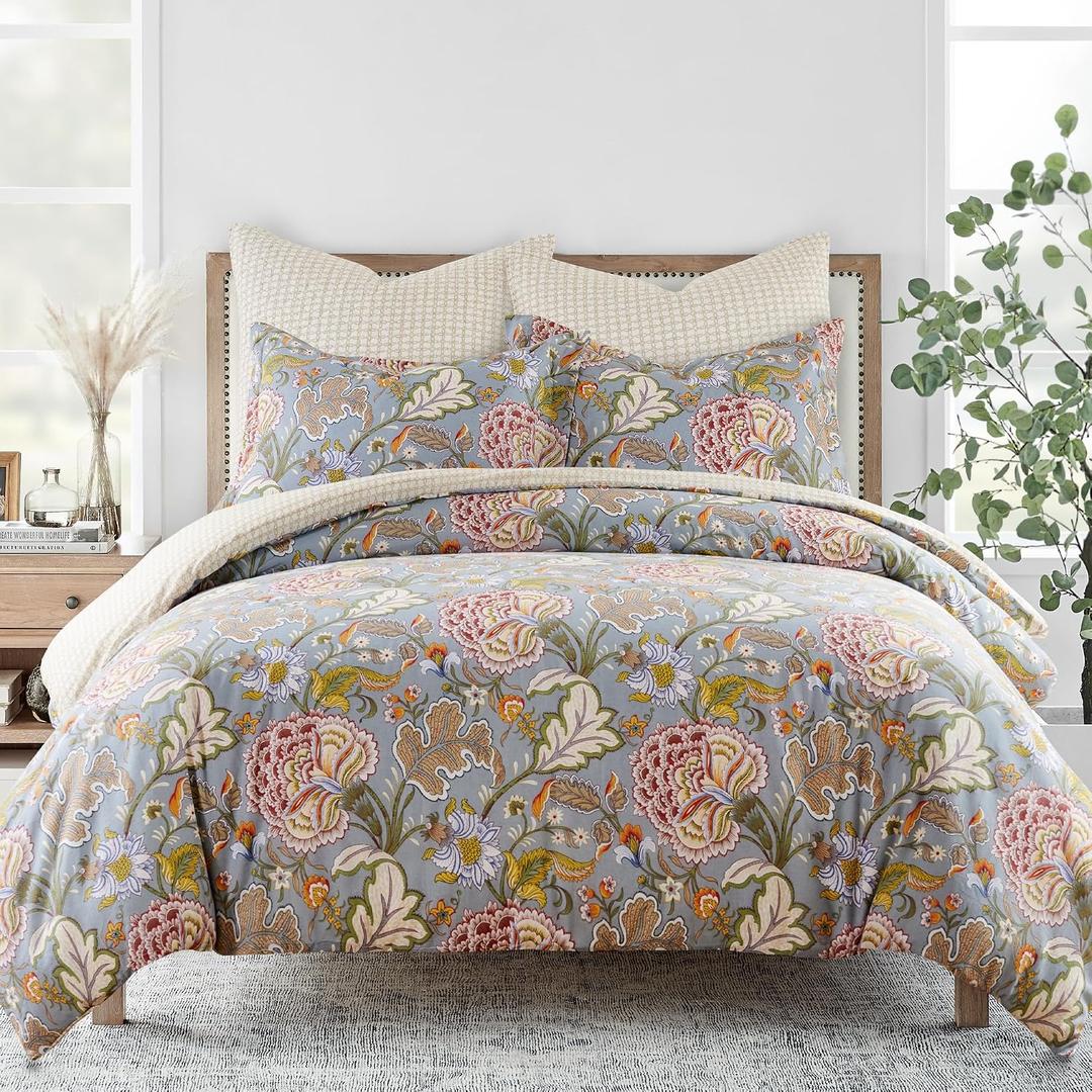 Levtex Home Angelica Reversible Full/Queen Comforter Set (90x94in) with 2 Pillowcases (26x20in) - Floral Bedding - Blue Grey, Coral - 100% Cotton Full/Queen Size Comforter Set - Soft, Pre-Washed