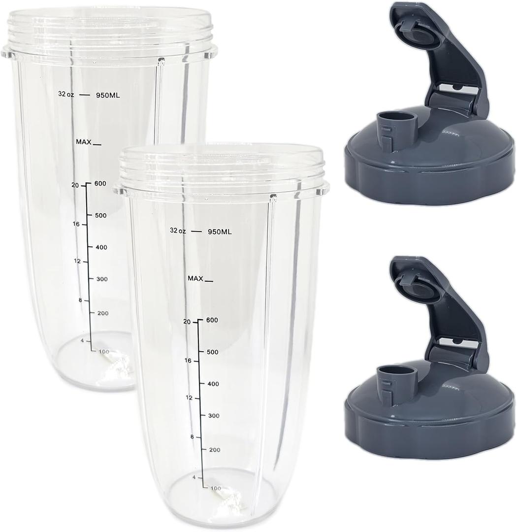 4 Pieces 32oz Blender Cups Compatible with Nutribullet Pro 600W 900W Replacement Parts with Convenient Flip-Top To-Go Lid