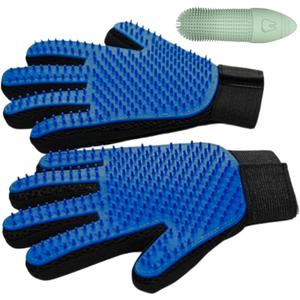 2 x Pet Hair Removal Glove for Dogs & Cats, Pet Grooming Glove 2-in-1 Deshedding & Massage Mitt Soft Silicone Tips Left & Right Hand Set + Bonus Detail Tool
