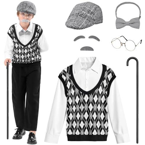 VICAMB Old Man Costume for Kids 100 Days of School Costume for Boys Old Person Costume Grandpa Outfit with Hat & Accessories, 5-7Y