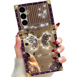 Changjia for Samsung Galaxy S24 Plus Kickstand Case,Cute Luxury Glitter Bling Sparkly Diamond Butterfly with Foldable Stand Elegant Mirror Back Shockproof Women Girls Case for Galaxy S24 Plus, Purple