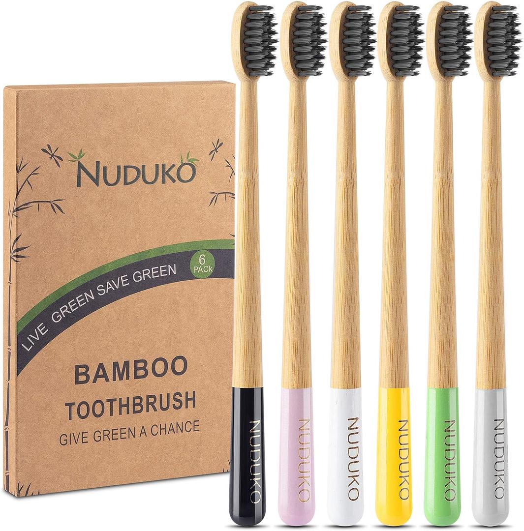 Biodegradable Charcoal Toothbrush Bamboo Toothbrushes - 6 Pack Eco-Friendly, Natural Wooden Tooth Brush, BPA Free Travel Size Organic Soft Bristle Toothbrushes for Adults, Cone Handle