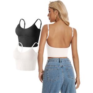 Women Camisole Tank Top - Crop Built-in Bra Ribbed Spaghetti Strap Padded U Backless Workout Sport Basic Cami, L, 2 Pcs
