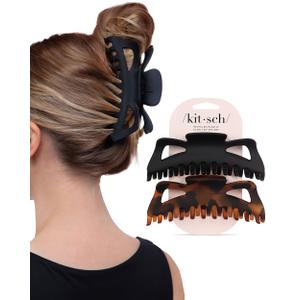 Kitsch 5 Inch Large Claw Clips for Thick and Long Hair | Strong Grip Jumbo Claw Clip for All-Day Hold | 2pcs Matte Oversized Hair Accessories | Ideal Gifts for Women - Black & Tortoise Design