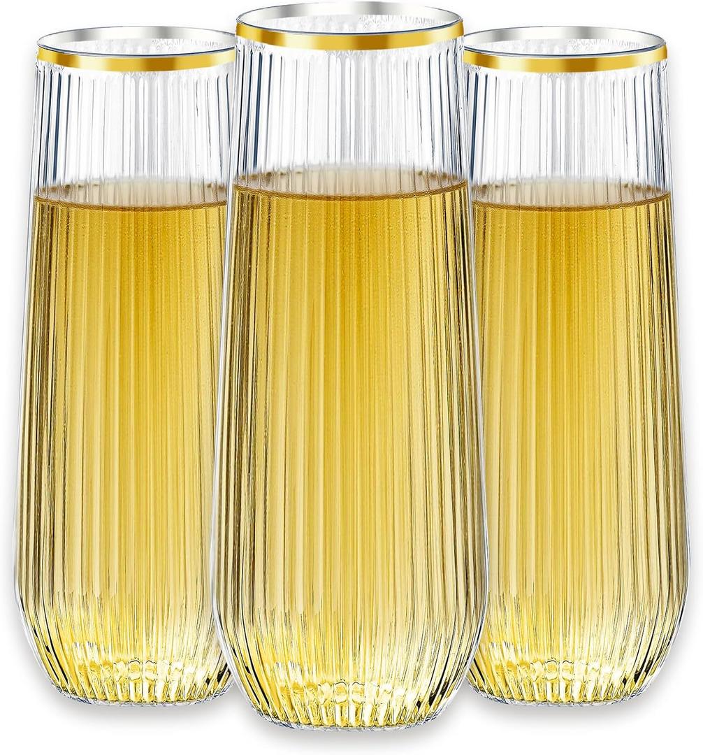 48 Pack Stemless Plastic Champagne Flutes Disposable 9 Oz Clear Plastic stripe Champagne Glasses Mimosa Glasses with Gold Rim Unbreakable for Party Wedding Birthday (Heavy Duty)