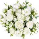 Mkono Peonies Artificial Flowers, Small Silk Flowers for Home Decor Indoor Fake Bouquet Faux Floral Arrangements Dining Table Centerpieces for Kitchen Party Decor White