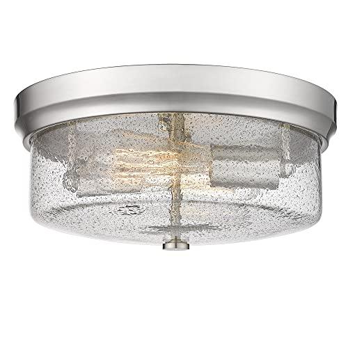 CALDION 12inch Flush Mount Ceiling Light, Close to Ceiling Light Fixtures, Brushed Nickel Finish with Handmade Seeded Smoky Art Glass Shade for Living Bedroom Room Hallway