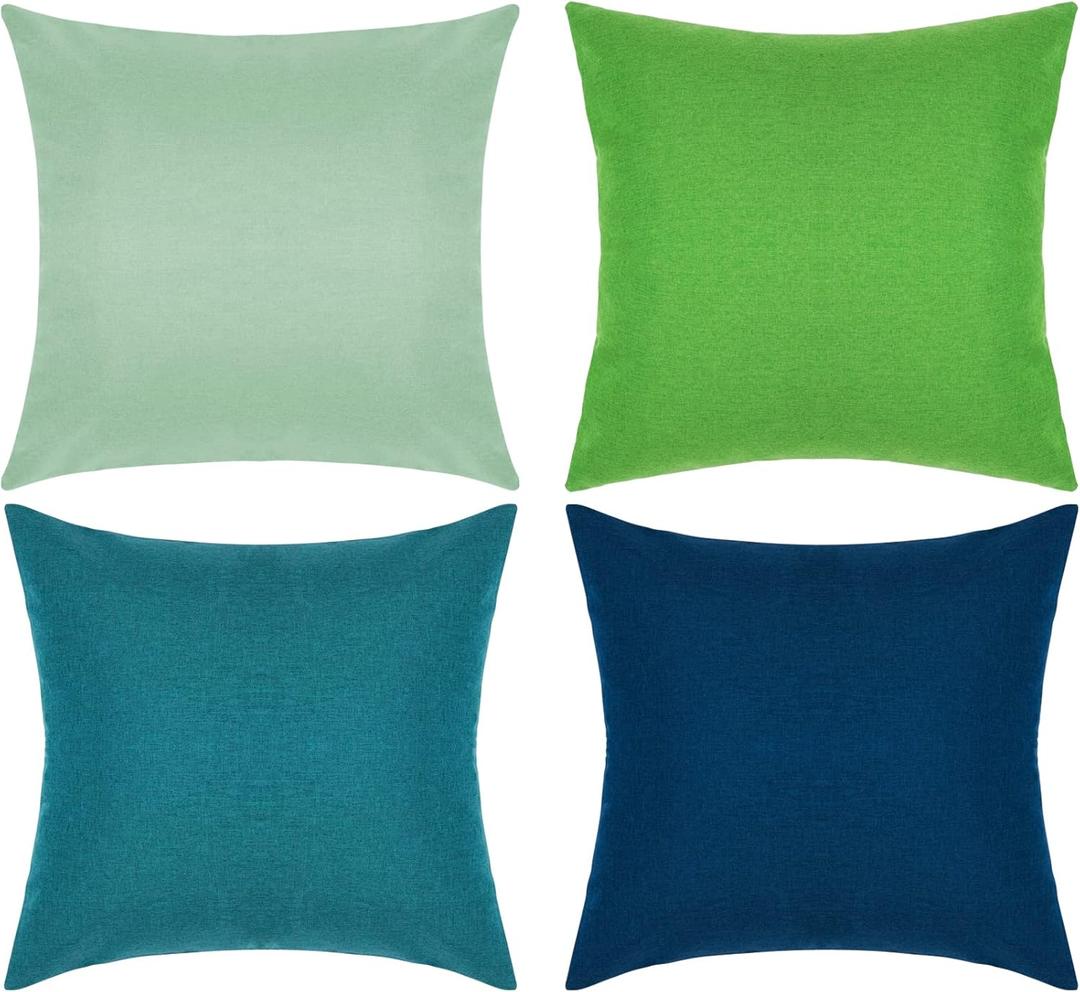 Pack of 4 Decorative Outdoor Waterproof Throw Pillow Covers ONLY Square Garden Cushion Cases for Patio, Couch, Tent and Sofa, 18 x 18 Inches, (Blue-Green, Blue, Green, Light Green)
