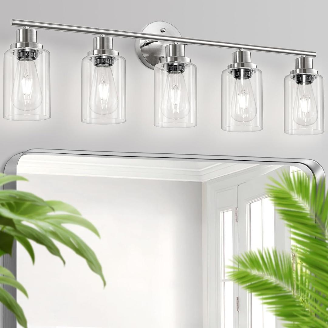 5-Light Bathroom Vanity Lights, E26 Modern Brushed Nickel Bathroom Light Fixtures with Clear Glass Shade, Mirror Kitchen Hallway Cabinet Living Room Sconces Wall Lights