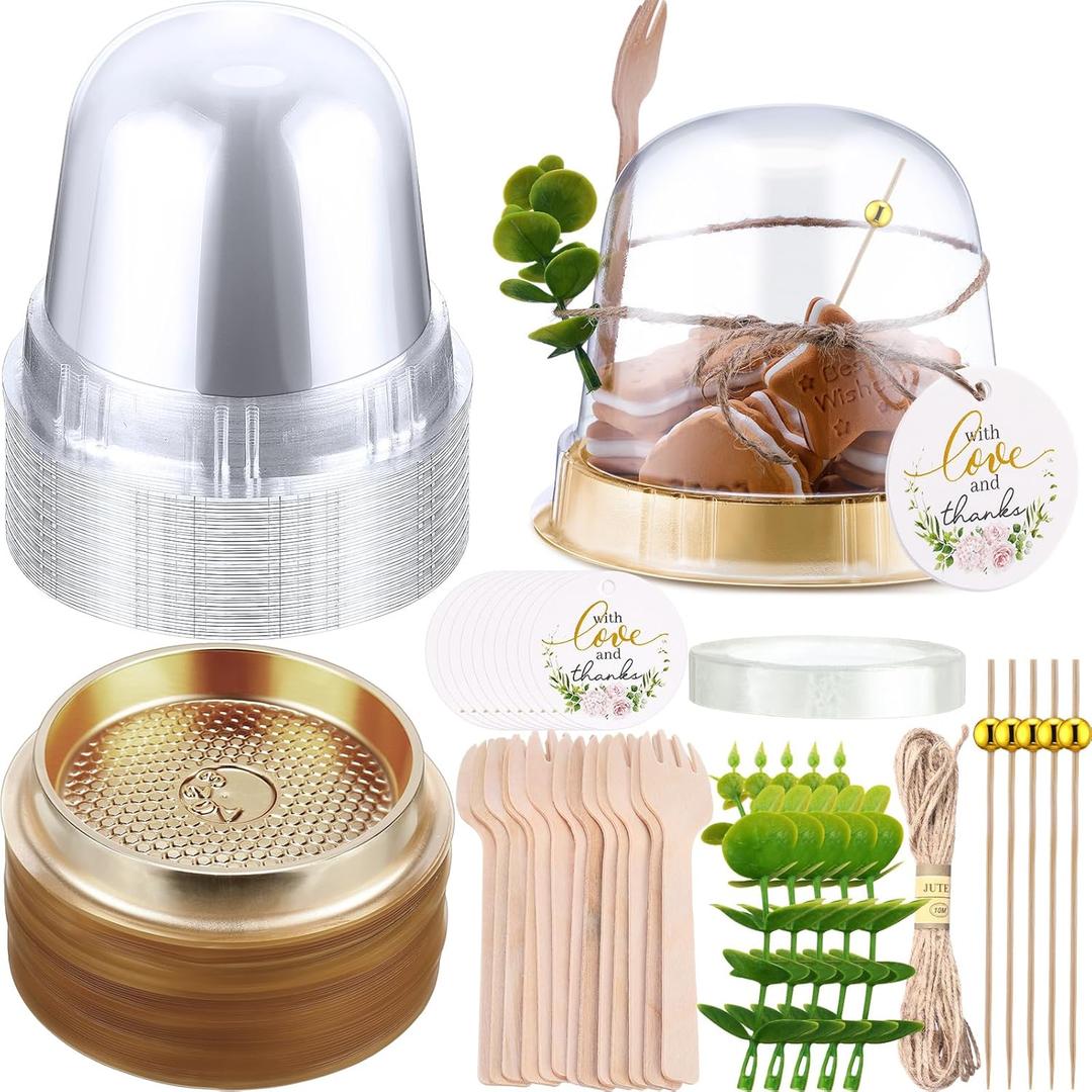 SiliFine 50 Sets Disposable Individual Charcuterie Cups with Lids Clear Plastic Cupcake Container Gold Cocktail Picks Appetizer Disposable Wooden Forks for Wedding Birthday Dessert Display