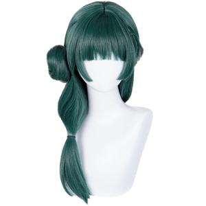 Half and Half Maomao Cosplay Costume Wig with Bangs & Side Part Bun 22'' Long Dark Green Anime Wig for Women Party Halloween Daily