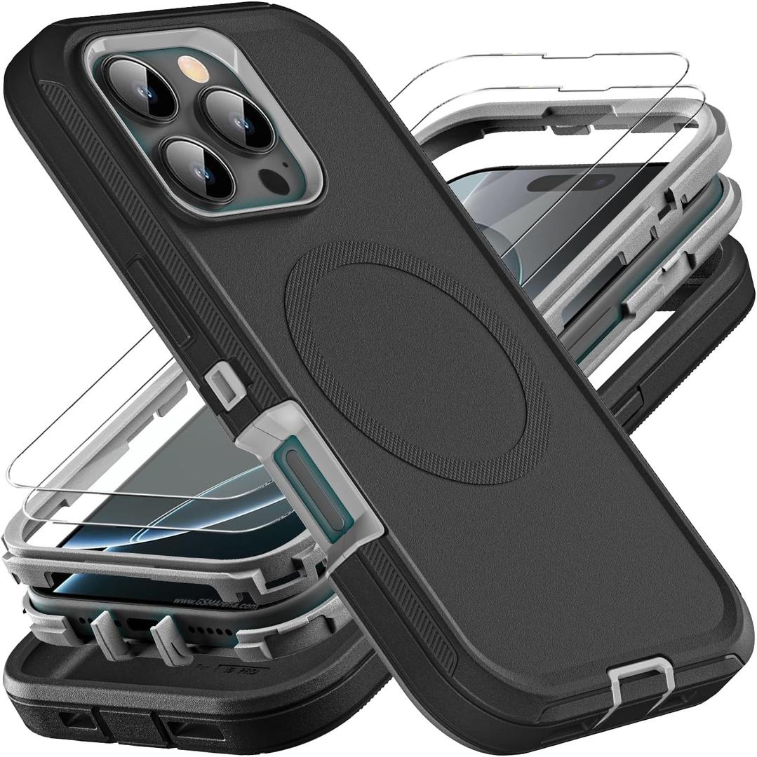 for iPhone 16 Pro Case, Compatible with Magsafe, Military Grade 3 in 1 Heavy Duty Shockproof/Drop Proof/Dust Proof Case with 2Pcs Tempered Glass Screen Protector (New-Black/Grey) for iPhone 16 Pro Case, Compatible with Magsafe, Military Grade 3 in 1 Heavy Duty Shockproof/Drop Proof/Dust Proof Case with 2Pcs Tempered Glass Screen Protector (New-Black/Grey)