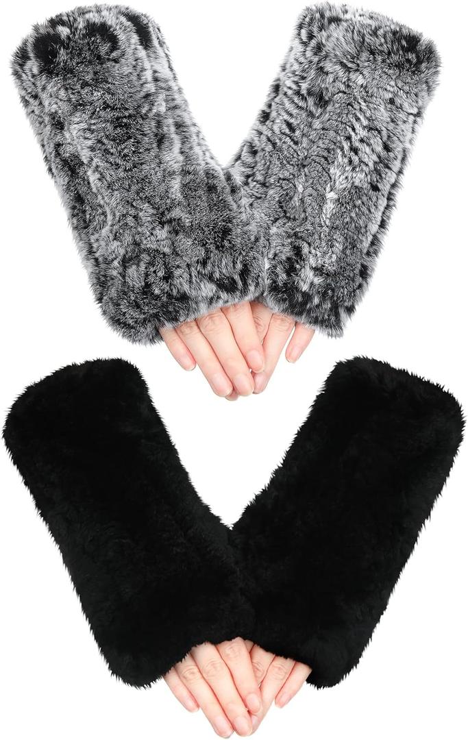 Geyoga 2 Pairs Winter Fur Gloves Rabbit Fur Mittens Knit Long Fingerless Gloves Warm Hand Muffs for Women Girls (Black and Frost Black)