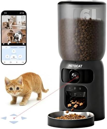 PETOCAT AI Automatic Cat Feeder with 2K HD Dual Cameras,5G&2.4G Wi-Fi 6L Cat Food Dispenser with Cats Recognition& Diet Tracking, Laser Interactive Toy & Two-Way Audio (Power Cord Not Included)
