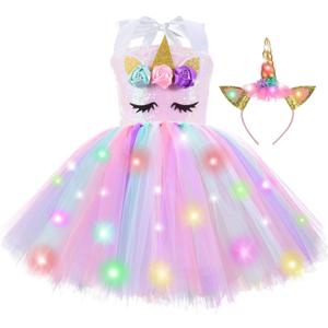 ZeroStage Sequin LED Light Unicorn Costume for Girl Birthday Decorations Halloween Christmas Party Outfit Princess Tutu Dress (7-8 Years, Pink With Headband)
