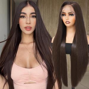 30 Inch Brown Synthetic Lace Front Wigs 13x4 Chocolate Brown Wig Long Straight Heat Resistant Fiber Hair Synthetic Wig for Black Women Pre Plucked with Baby Hair for Daily Party Use(#6)